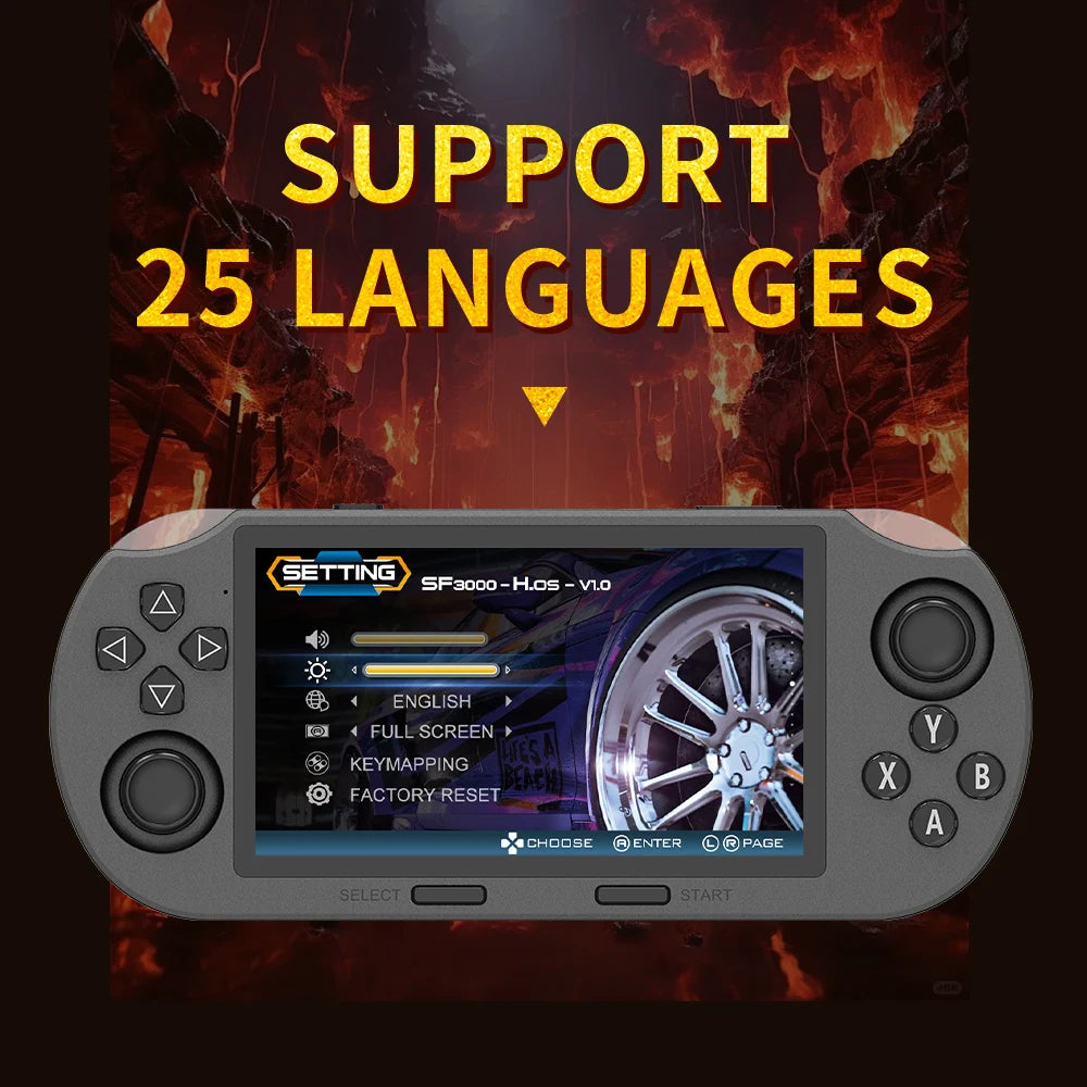 Infinity Play handheld retro gaming console with black casing and color LCD screen displaying settings menu in 25 languages