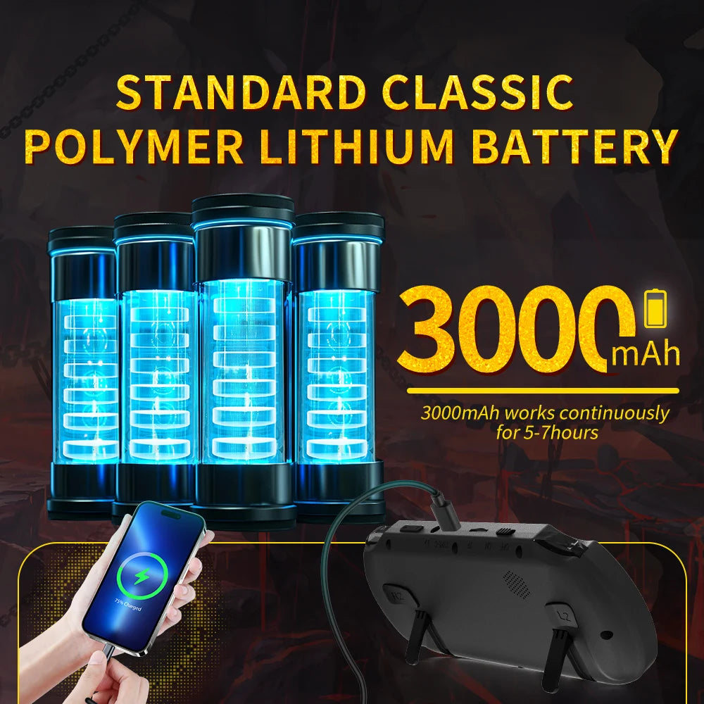 Infinity Play retro gaming console with 3000mAh lithium battery display, glowing blue power indicators, shown with charging setup
