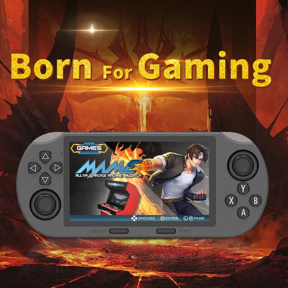 Infinity Play retro gaming console with HD screen displaying fighting game against dramatic red gaming background