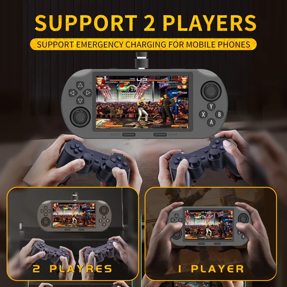 Infinity Play retro gaming console with built-in screen and wireless controllers, shown in handheld and multiplayer modes
