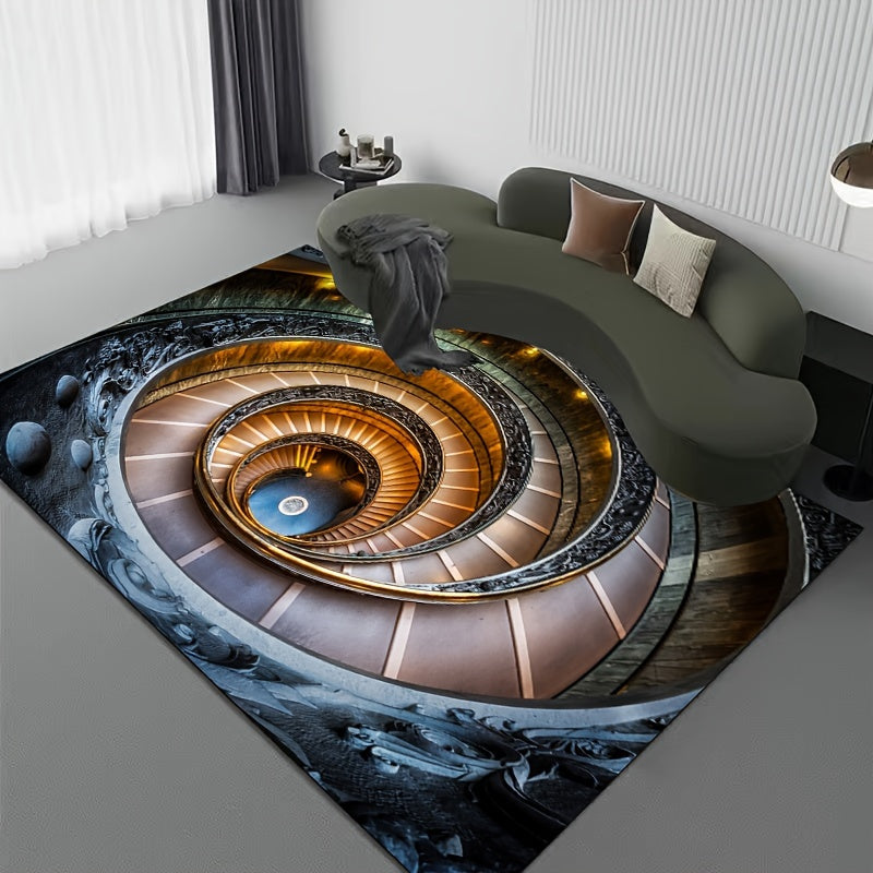 Infinity Spiral 3D illusion rug featuring spiral staircase design in golden and blue tones, displayed in modern living room setting