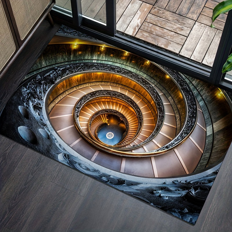 Infinity Spiral 3D rug featuring hypnotic spiral staircase design in warm brown and black with LED lighting accents