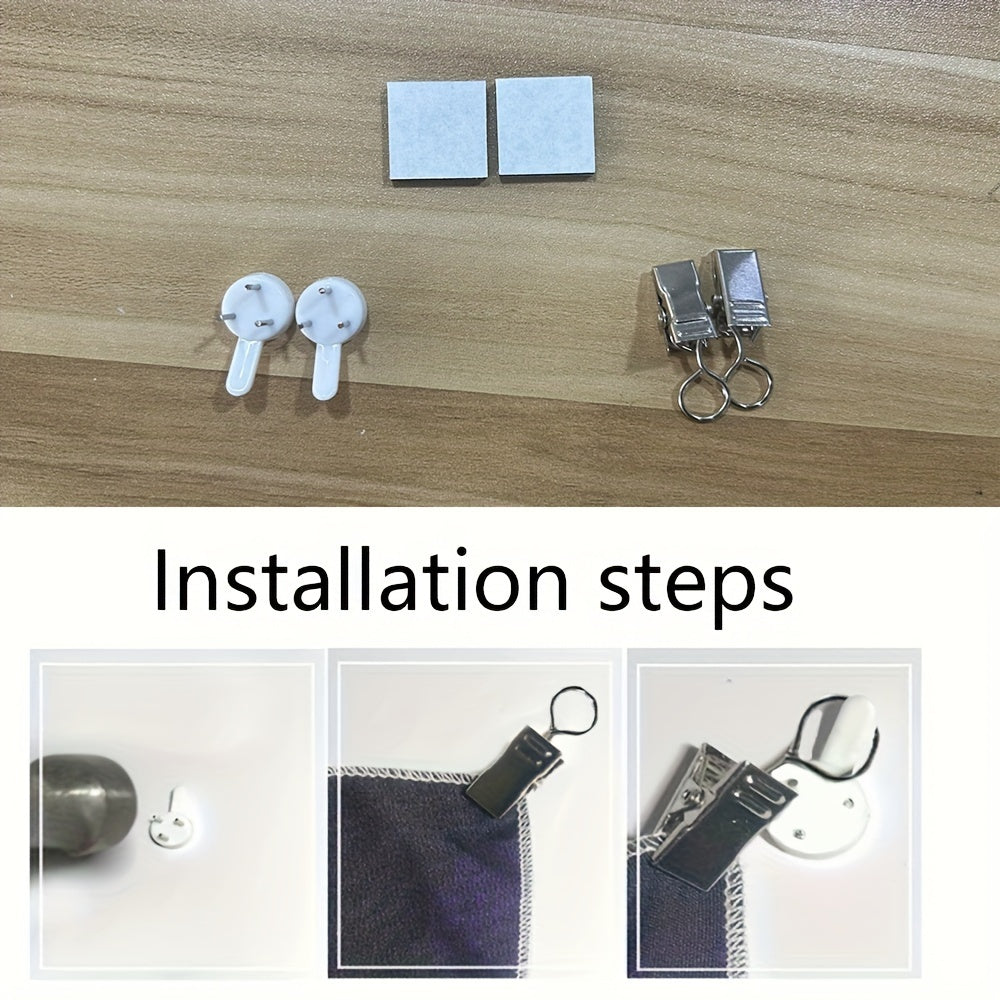 Installation accessories for Enchanting Cenote Waterfall Tapestry showing metal clips, adhesive squares and mounting hooks on wooden surface