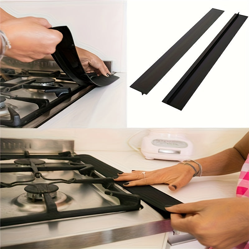 Kitchen Gap Guard black silicone stove counter gap covers being installed on white countertop next to gas range burners