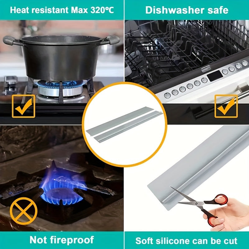 Kitchen Gap Guard silicone counter gap covers shown with heat resistance and dishwasher safety features, displayed in grey color