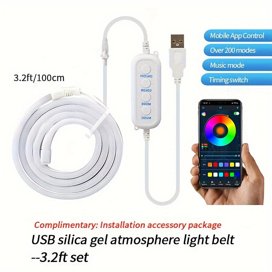 LED Flex Edition lights with app control - white silicone rope light strip with USB connector and mobile controller, 3.2ft length