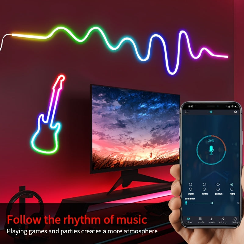 LED Lights Flex Edition featuring colorful neon guitar and sound wave design, smartphone app control, displayed on gaming desk with monitor