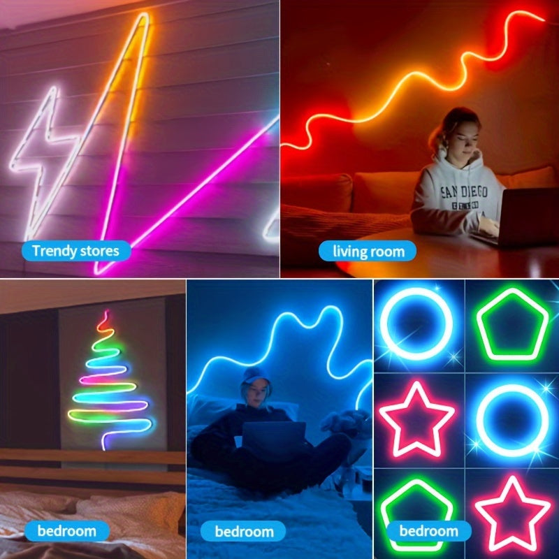 LED Lights Flex Edition featuring vibrant neon designs in multicolor - mounted on walls showing lightning bolt, waves, and geometric shapes in home settings