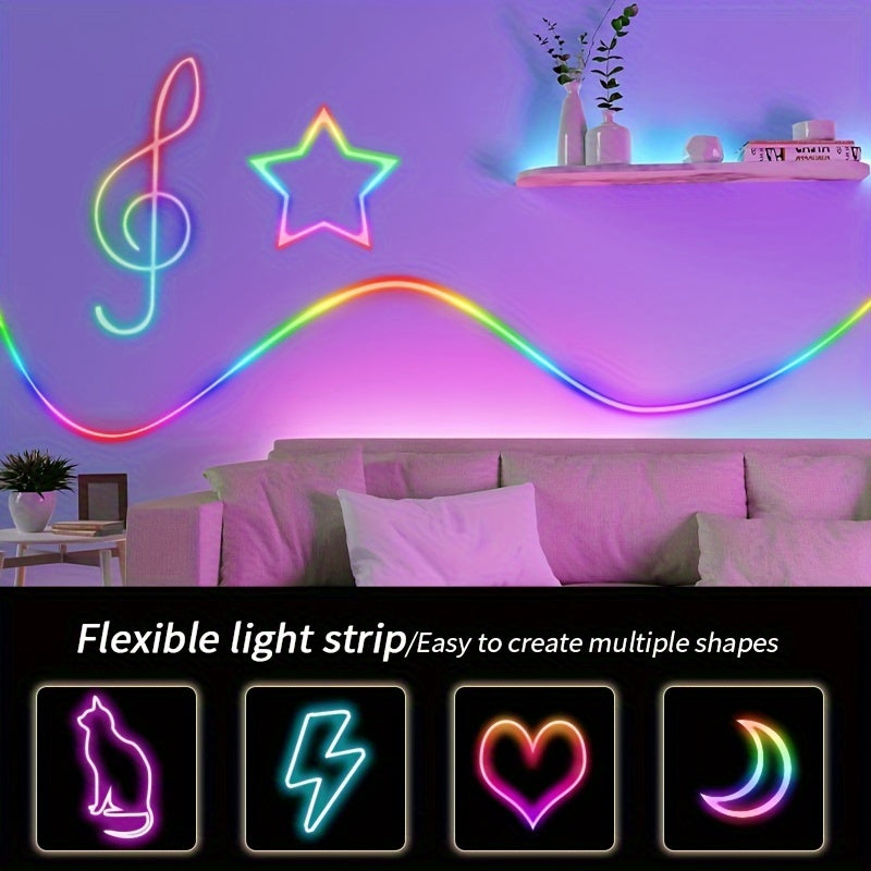 LED Lights Flex Edition rainbow neon strip displaying musical note and star shapes on purple wall with customizable design options