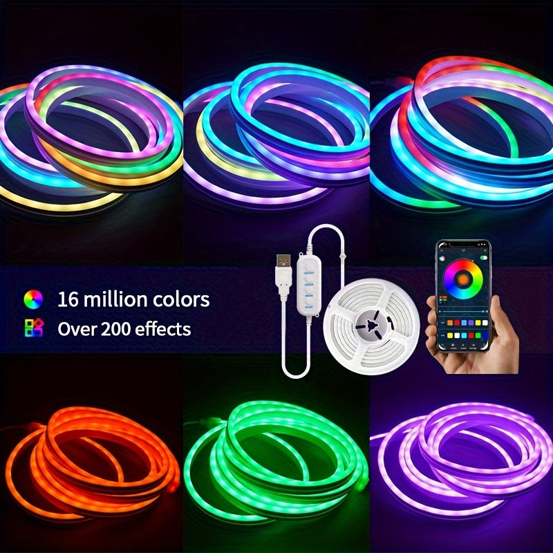 LED Lights Flex Edition showing vibrant multicolor neon strips with app control and 16 million color options, displayed in coiled formations