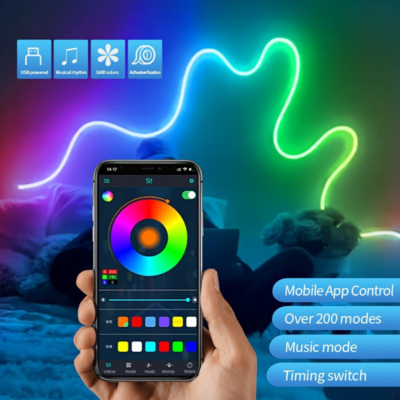LED Lights Flex Edition with smartphone app control showing multicolor neon effects and music sync features against dark background