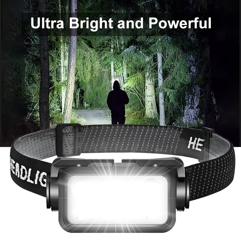 LED Rechargeable Headlamp illuminating dark forest path with bright beam, black adjustable strap and rectangular light panel