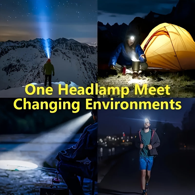 LED Rechargeable Headlamp shown in multiple outdoor settings - mountain peak, camping, night running with bright beam lighting