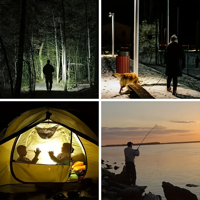 LED Rechargeable Headlamp shown in outdoor activities - night hiking, camping, and fishing scenes demonstrating bright beam functionality