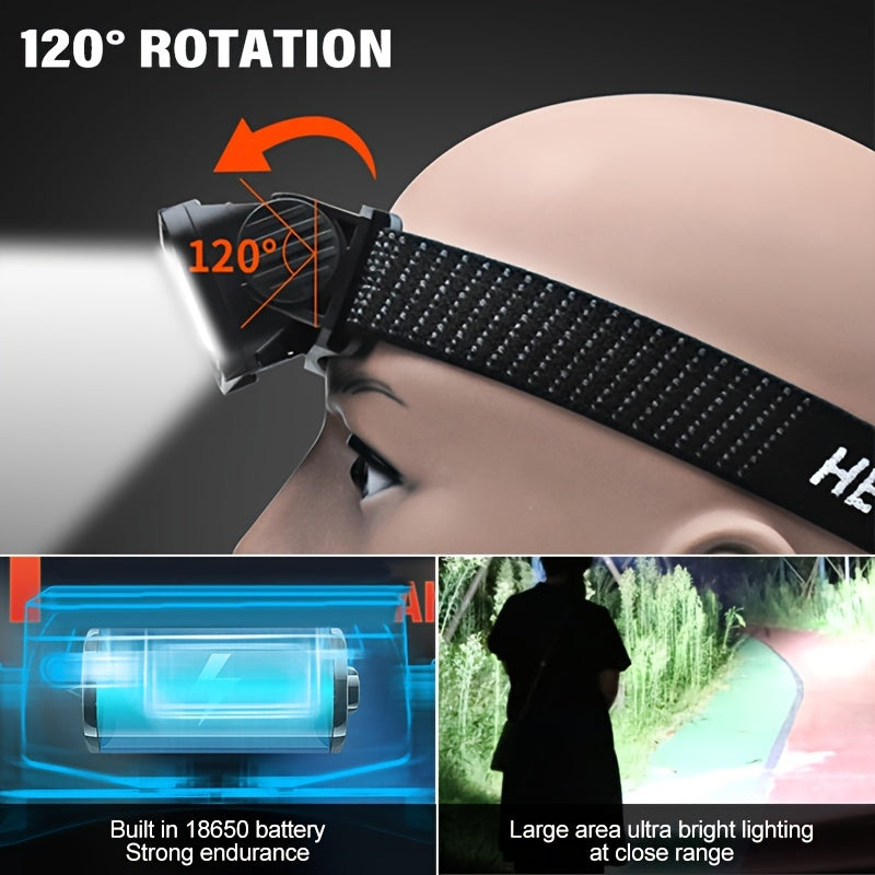 LED Rechargeable Headlamp with 120-degree tilt function shown on display model demonstrating adjustable beam position