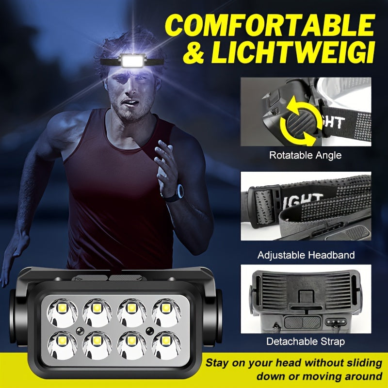 LED Rechargeable Headlamp with 8 LEDs shown in action during night run, featuring adjustable strap and rotatable light angle