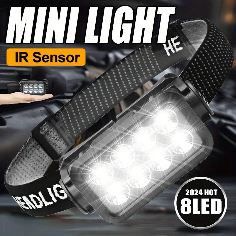 LED Rechargeable Headlamp with 8 bright LEDs and motion sensor shown in black, displaying adjustable strap and tiltable light unit
