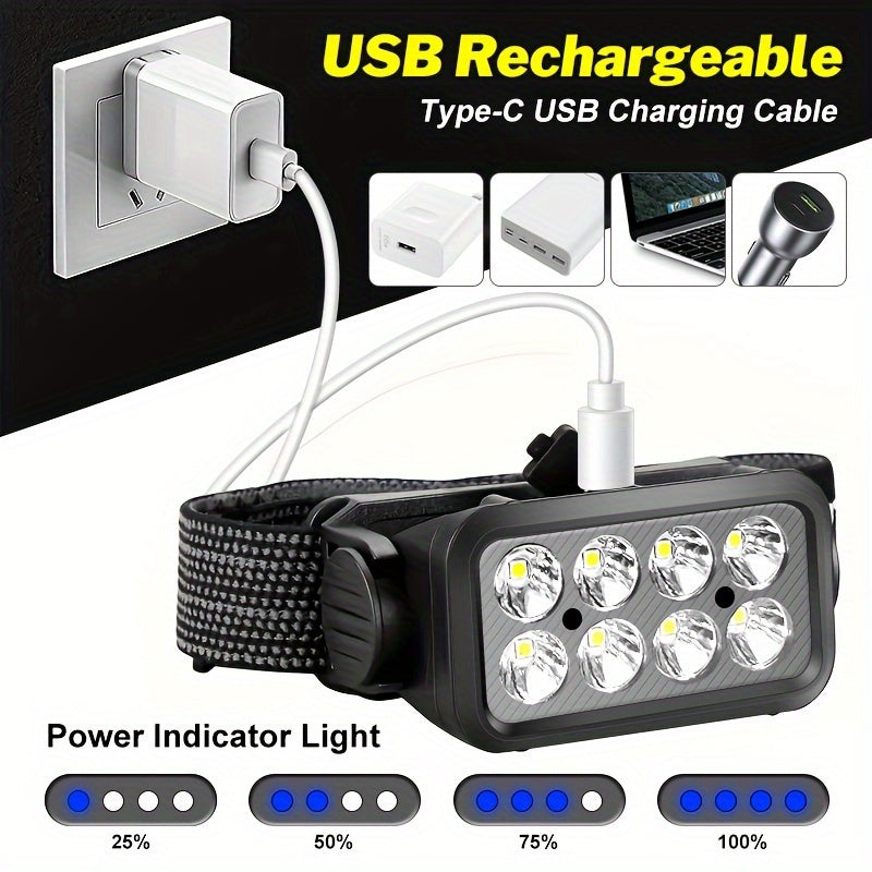 LED Rechargeable Headlamp with 8 bright LEDs shown charging via USB, featuring power indicator and adjustable black headband