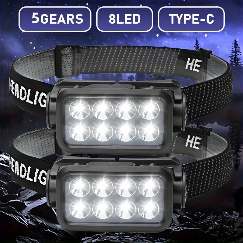 LED Rechargeable Headlamp with 8 bright LEDs shown in black, adjustable strap and tilt feature against night sky backdrop