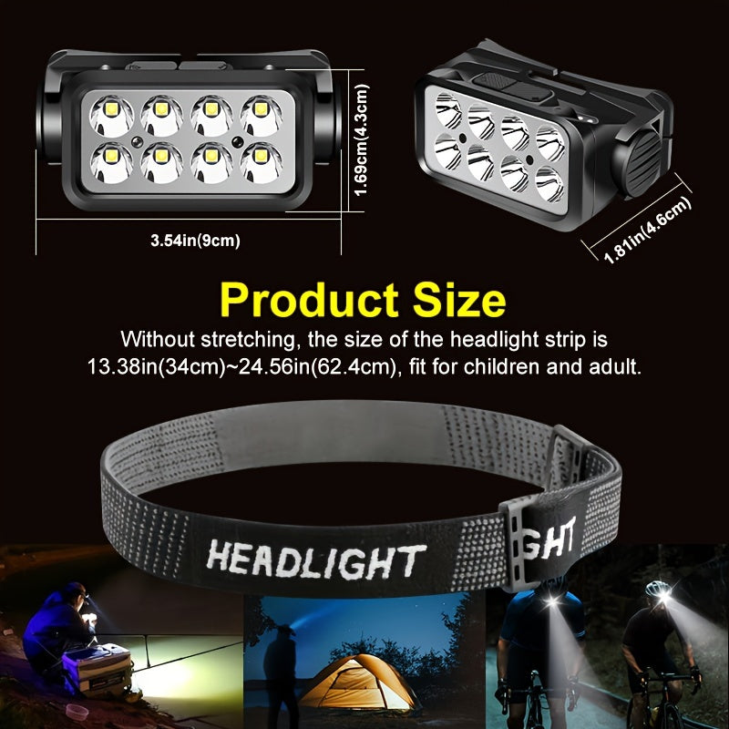 LED Rechargeable Headlamp with 8 bright LEDs shown with product dimensions, adjustable black headband and camping usage