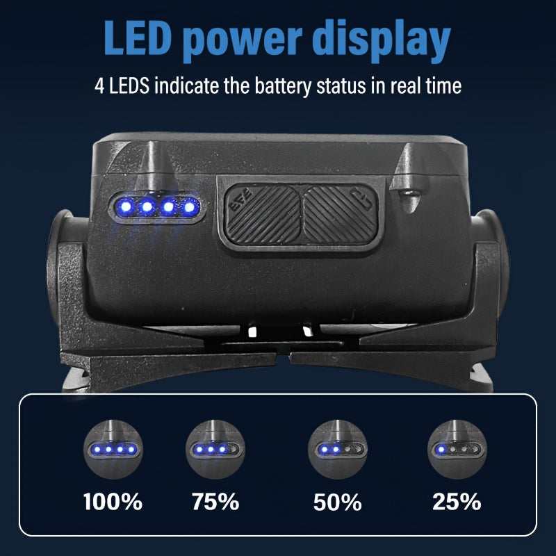 LED Rechargeable Headlamp with battery indicator display showing 4 blue power level lights in black housing