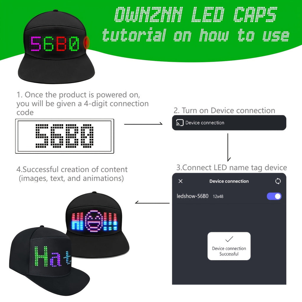 LED Smart Hat setup instructions with app connectivity and customizable display screen on black snapback cap