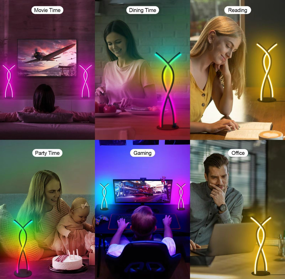 LED Spiral Lamp creating ambient lighting in multiple settings - movie watching, dining, reading, gaming, and office work scenes