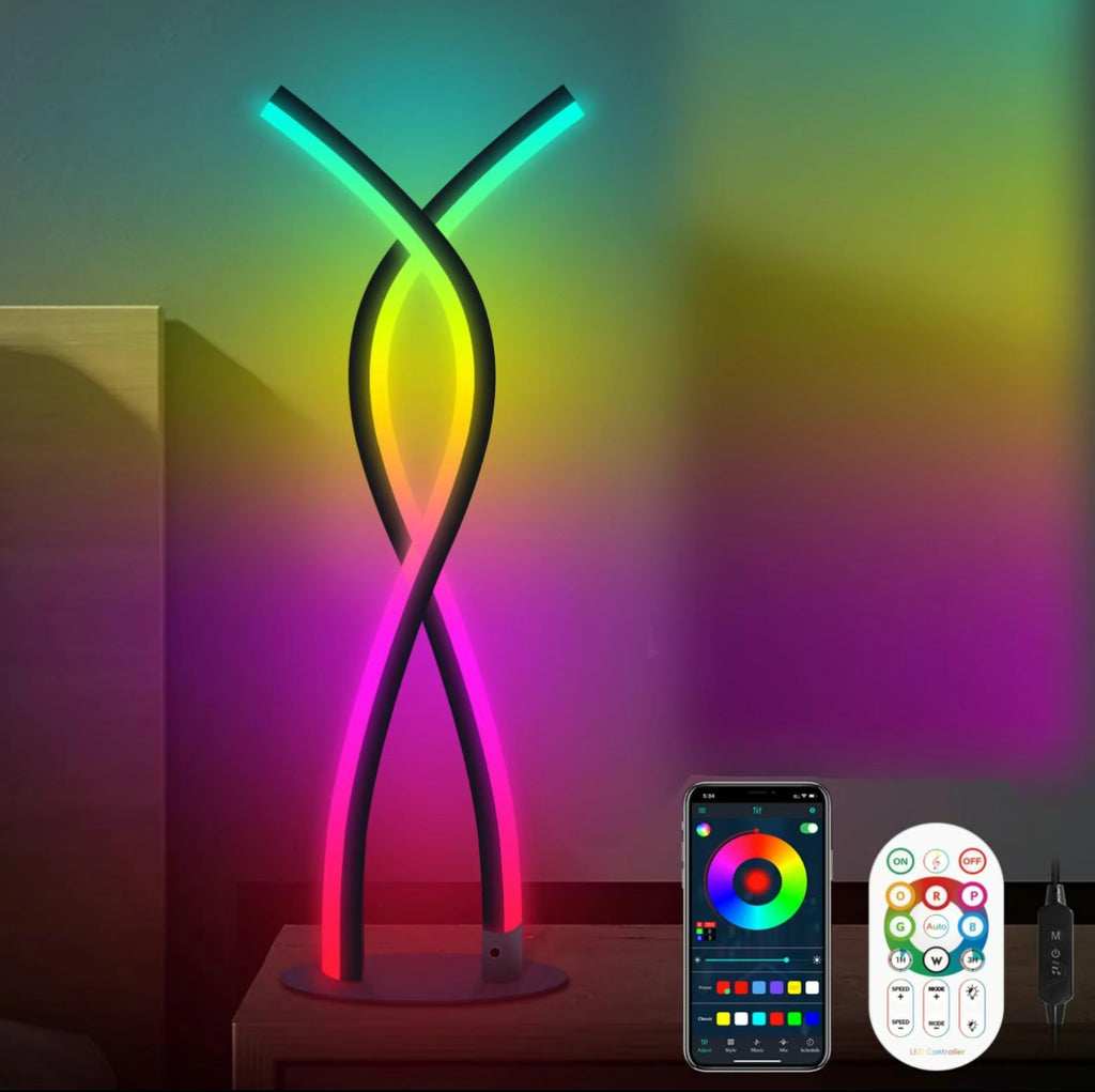 LED Spiral Lamp glowing with vibrant rainbow colors on display with remote and smartphone app control, modern twisted design