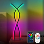 LED Spiral Lamp glowing with vibrant rainbow colors on display with remote and smartphone app control, modern twisted design