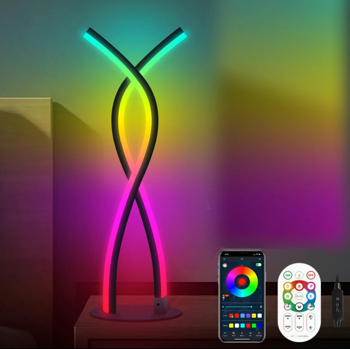 LED Spiral Lamp glowing with vibrant rainbow colors on display with remote and smartphone app control, modern twisted design