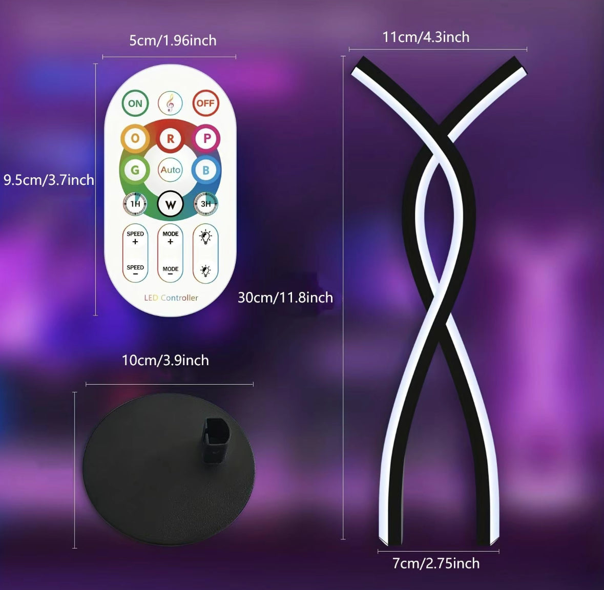 LED Spiral Lamp with RGB remote control - modern twisted white design on black base with dimensions and lighting specs