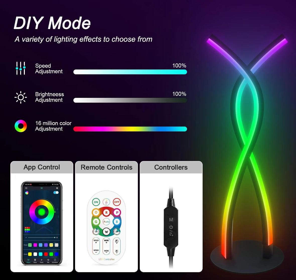LED Spiral Lamp with multicolor RGB lighting, twisted design showing app and remote control features - modern ambient light