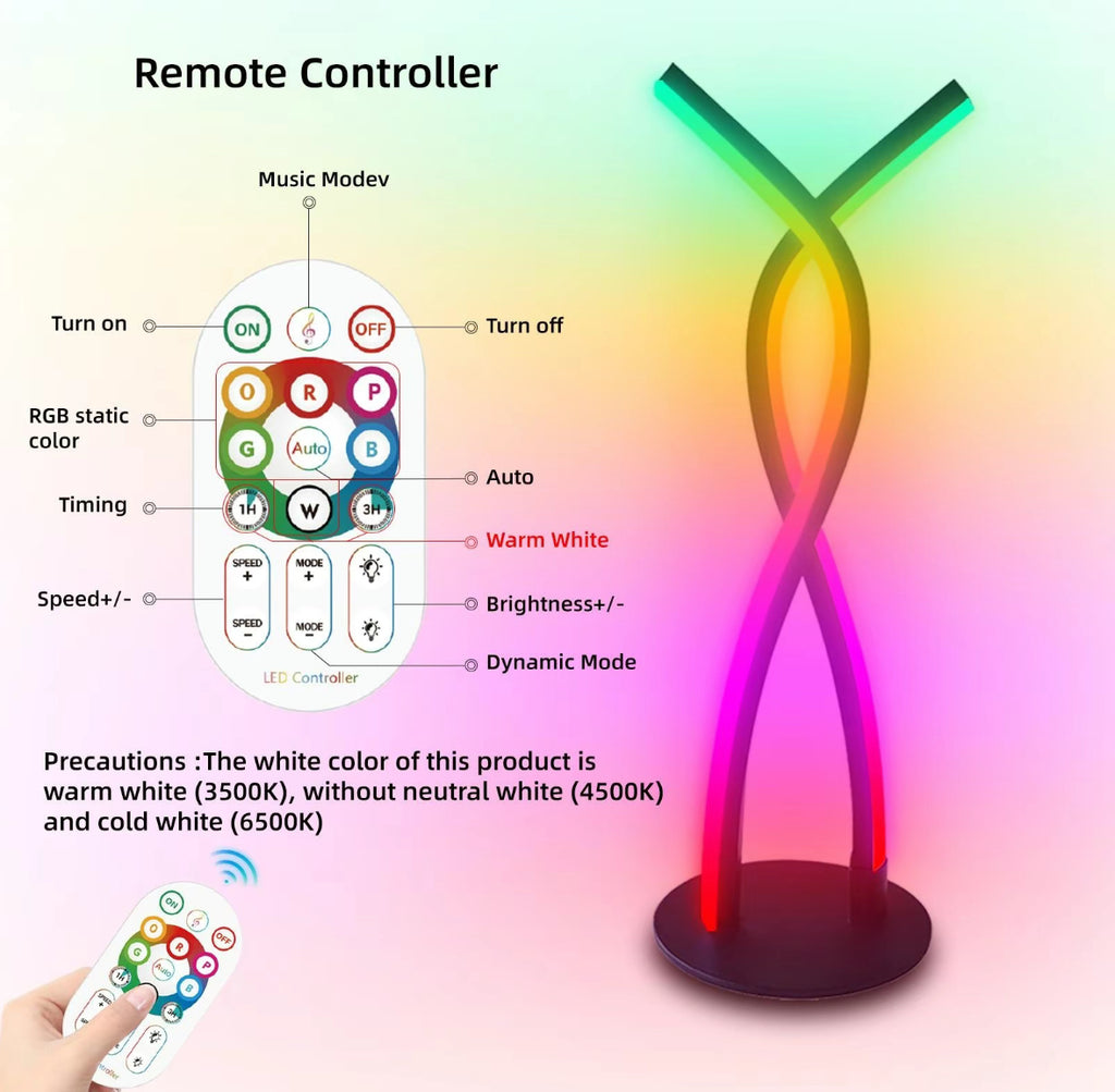 LED Spiral Lamp with remote control displaying rainbow RGB colors and dynamic lighting modes on black base - modern mood light