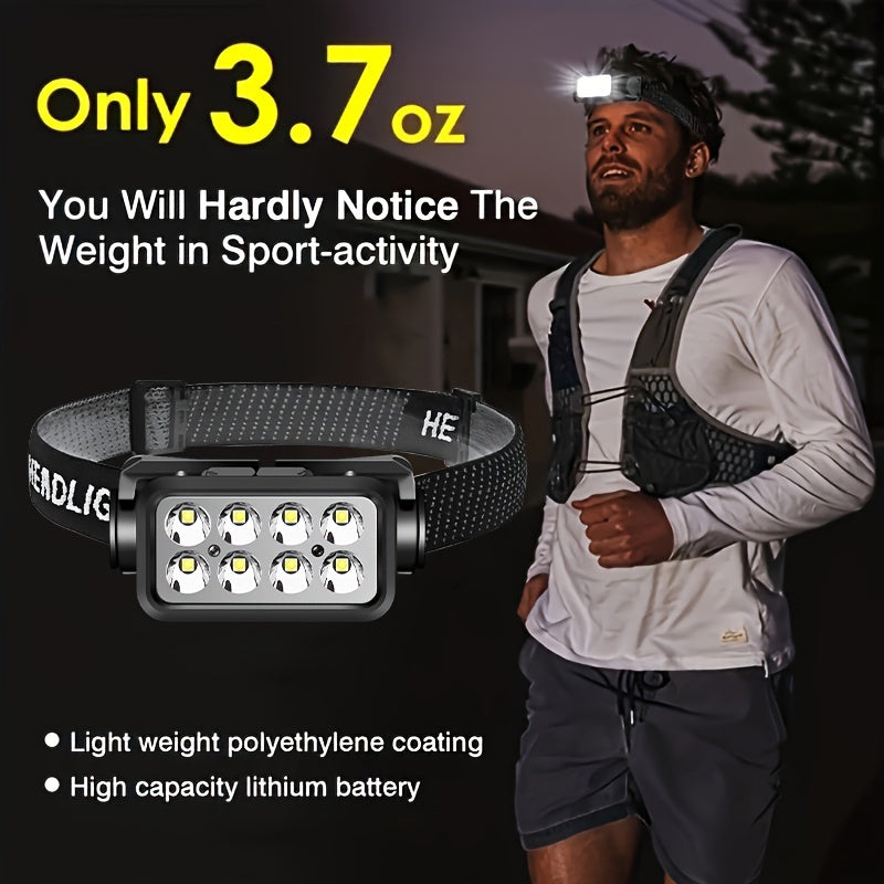 LED rechargeable headlamp with 8 bright LEDs shown on runner outdoors at night, featuring lightweight black adjustable strap design