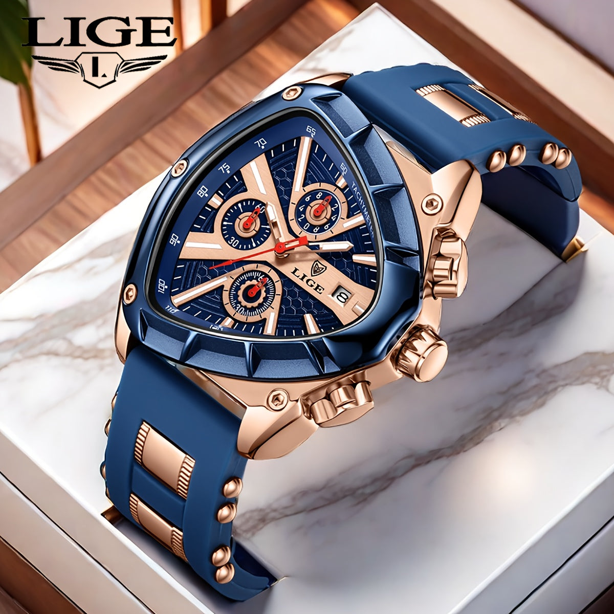 LIGE ApexChron Triangular Sports Watch in navy blue and rose gold with chronograph display on luxury display cushion