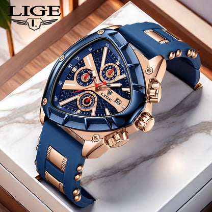 LIGE ApexChron Triangular Sports Watch in navy blue and rose gold with chronograph display on luxury display cushion