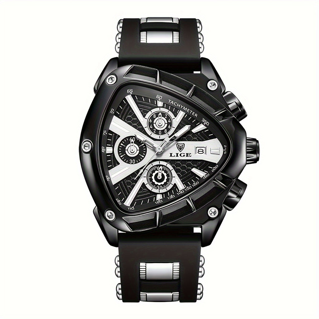 LIGE ApexChron triangular sports watch in black with chronograph dials and silver accents on silicone band - luxury timepiece