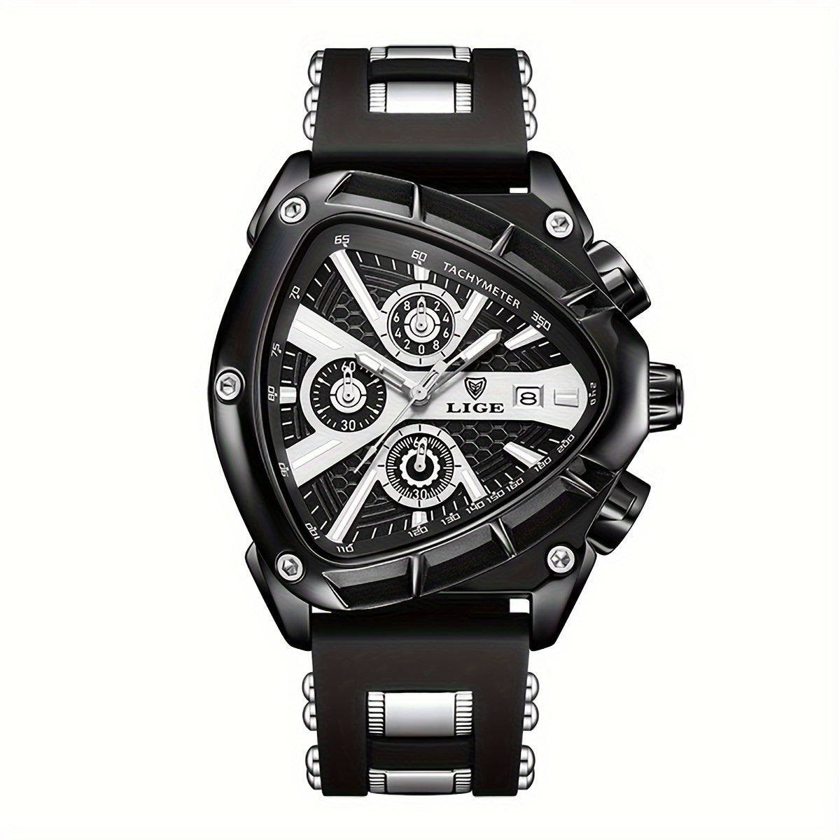 LIGE ApexChron triangular sports watch in black with chronograph dials and silver accents on silicone band - luxury timepiece