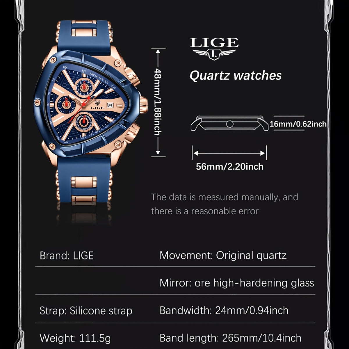 LIGE ApexChron triangular sports watch in navy and rose gold with chronograph display and silicone band - luxury timepiece specs