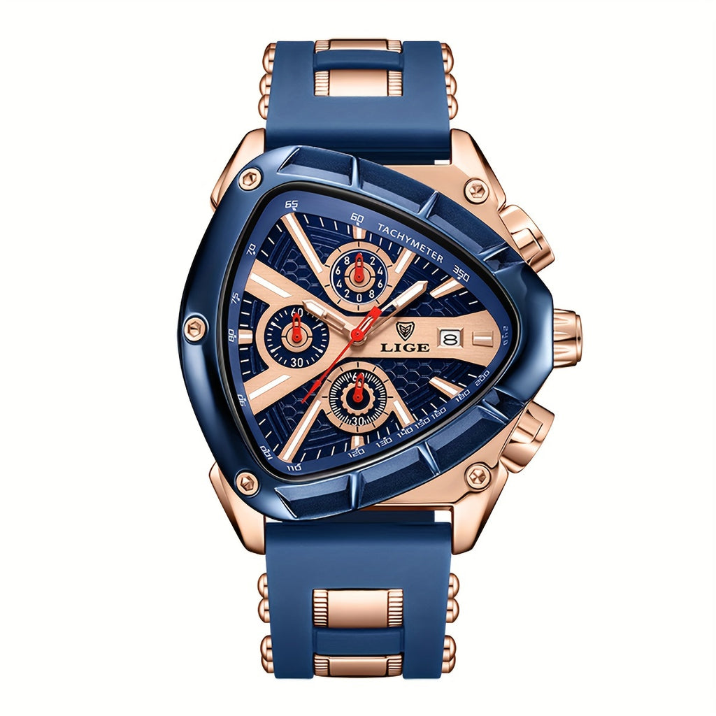 LIGE ApexChron triangular sports watch in navy blue and rose gold with chronograph dials and silicone strap - luxury timepiece