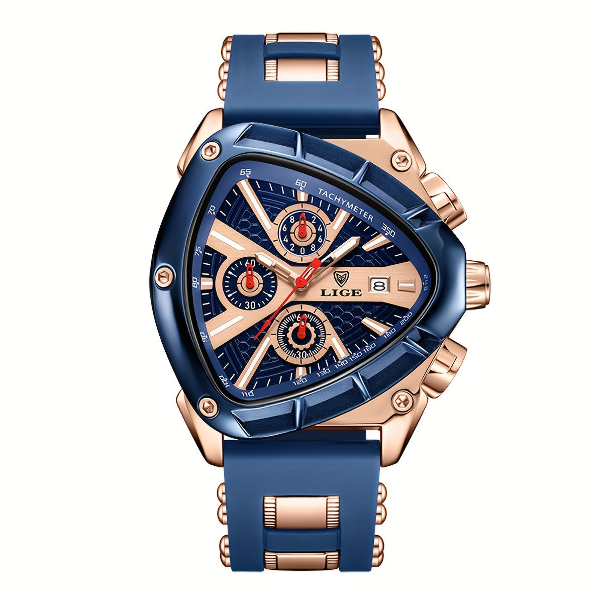 LIGE ApexChron triangular sports watch in navy blue and rose gold with chronograph dials and silicone strap - luxury timepiece