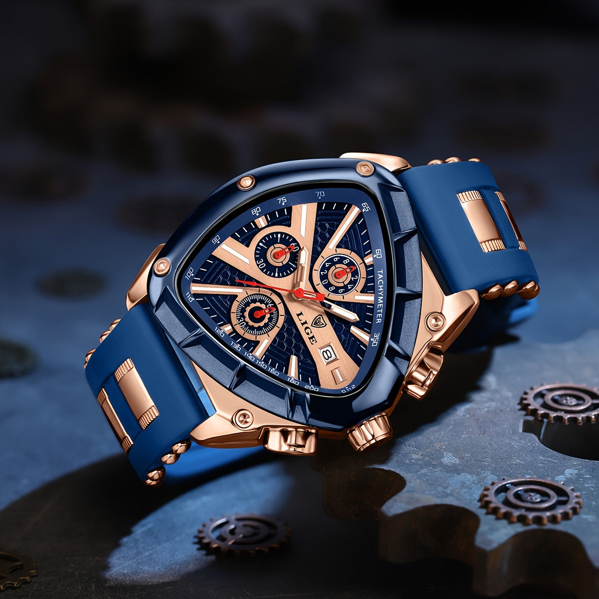 LIGE ApexChron triangular sports watch with navy blue silicone strap, rose gold accents and chronograph display on dark surface