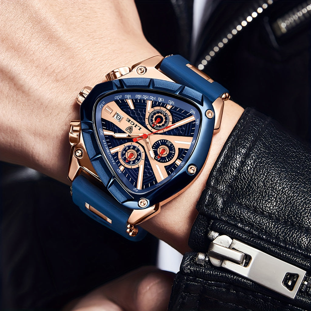 LIGE ApexChron triangular sports watch with rose gold and navy blue case, chronograph dials, on wrist against dark leather