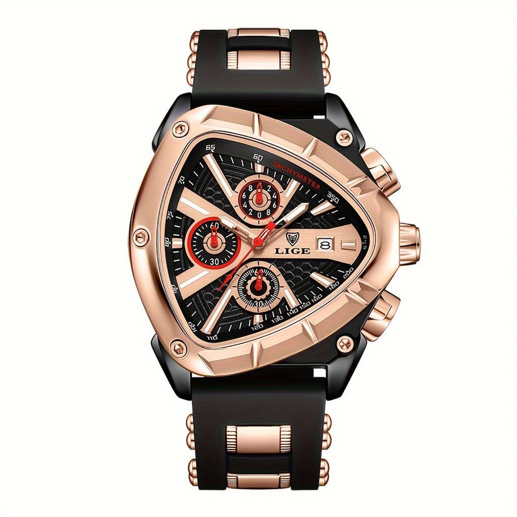 LIGE ApexChron triangular sports watch with rose gold case, black dial, chronograph subdials and black silicone strap