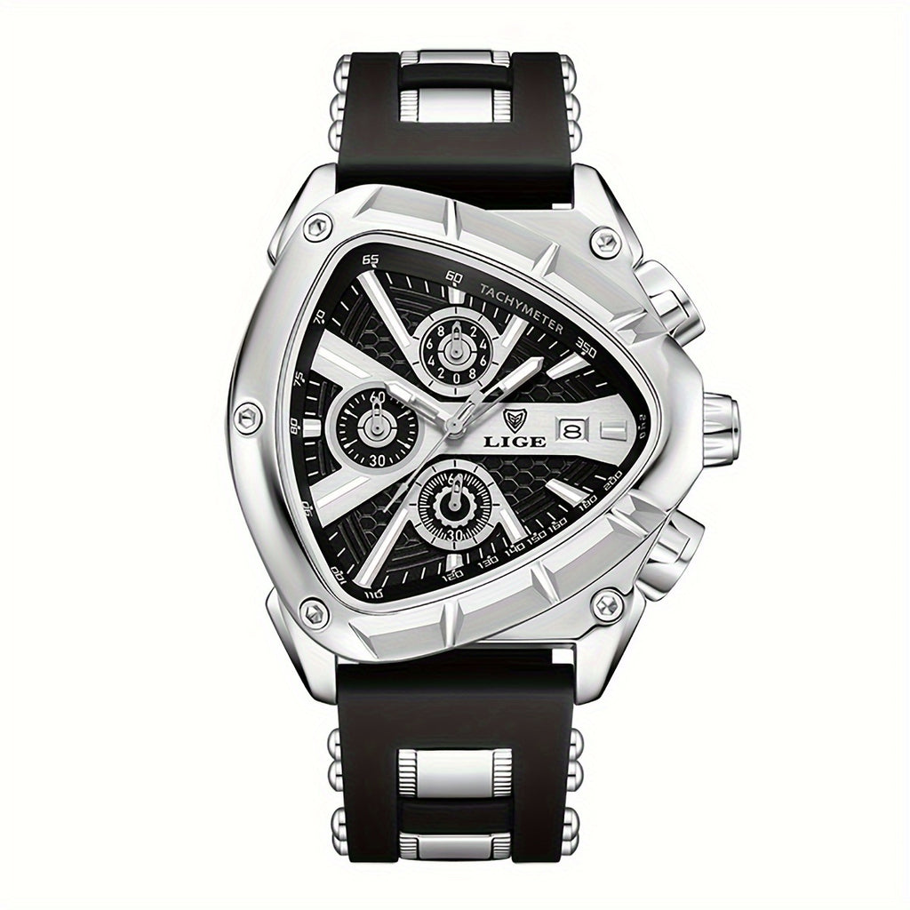 LIGE ApexChron triangular sports watch with silver case, black silicone strap, and chronograph dials on black face display