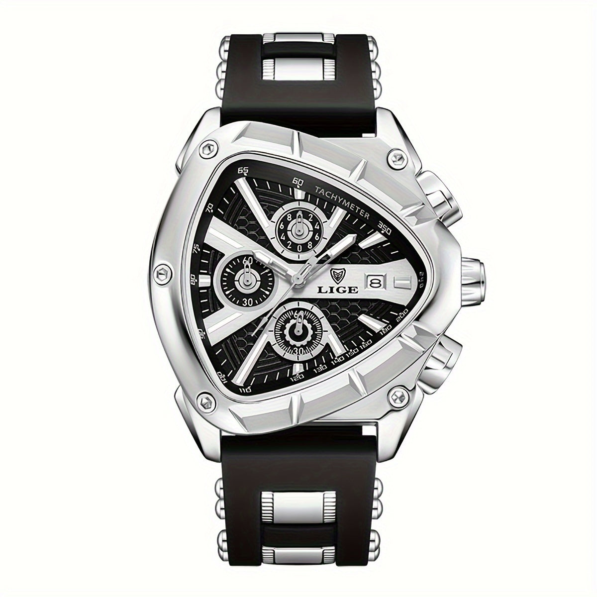 LIGE ApexChron triangular sports watch with silver case, black silicone strap, and chronograph dials on black face display