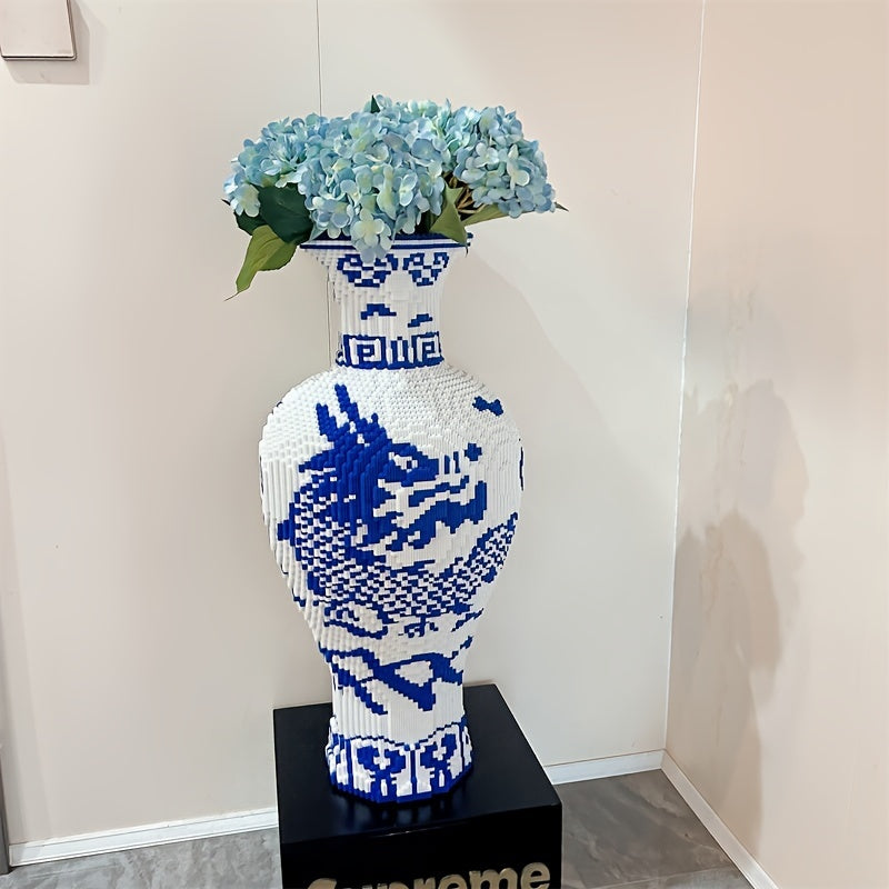 LegacyVase blue and white porcelain display with dragon design and hydrangea flowers on black pedestal