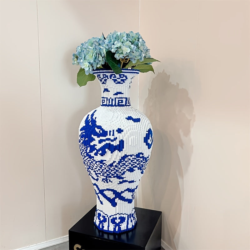 LegacyVase blue and white porcelain vase with hydrangea flowers, oriental design on black pedestal