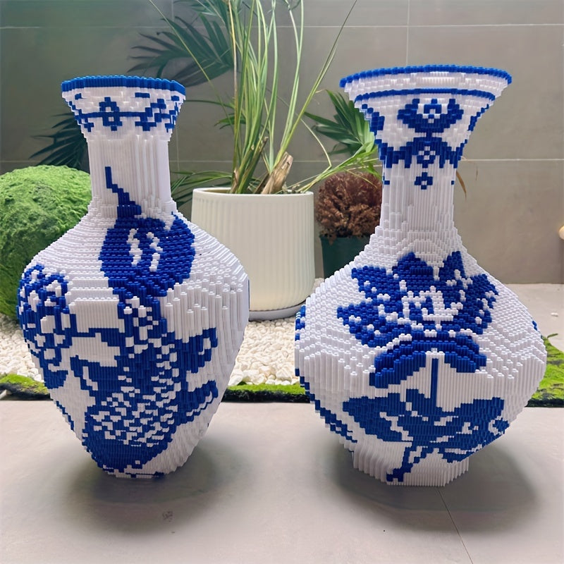 LegacyVase model kit displayed as blue and white porcelain vases with classic floral patterns, built from building blocks
