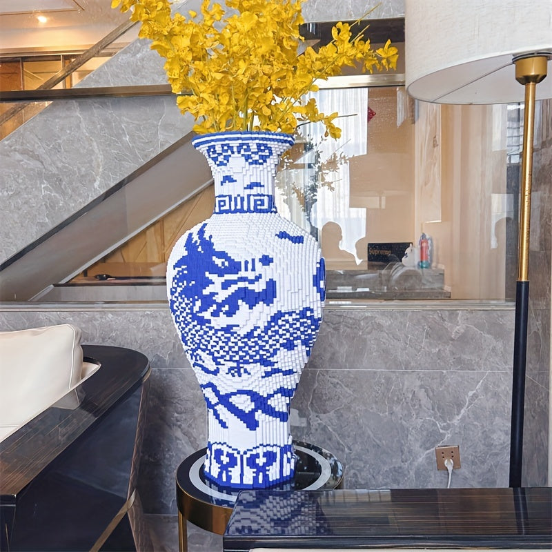 LegacyVase porcelain-inspired model kit displaying blue and white Chinese pattern with yellow flowers in elegant interior